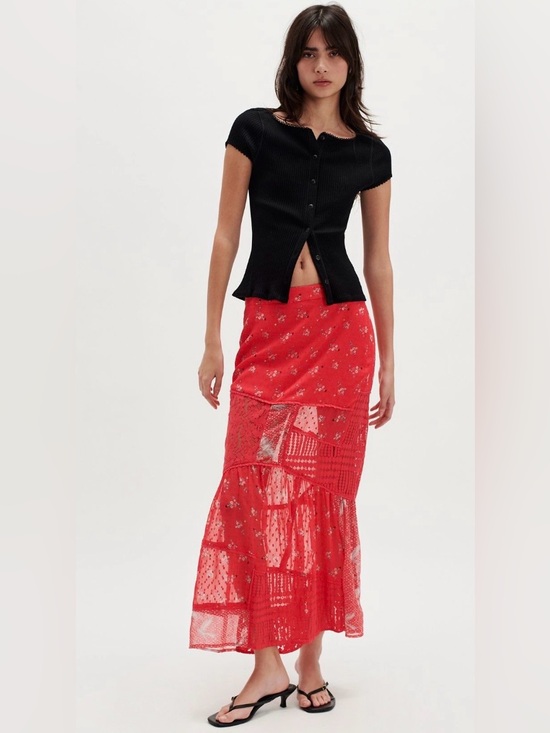 Free People Dresses & Skirts - Free People Daniella poppy red floral Tiered Lace Maxi Skirt size small